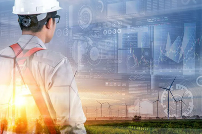 Man overlooks wind farm with statistics overlay