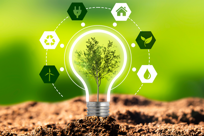 planted lightbulb with tree inside surrounded by renewable resources 