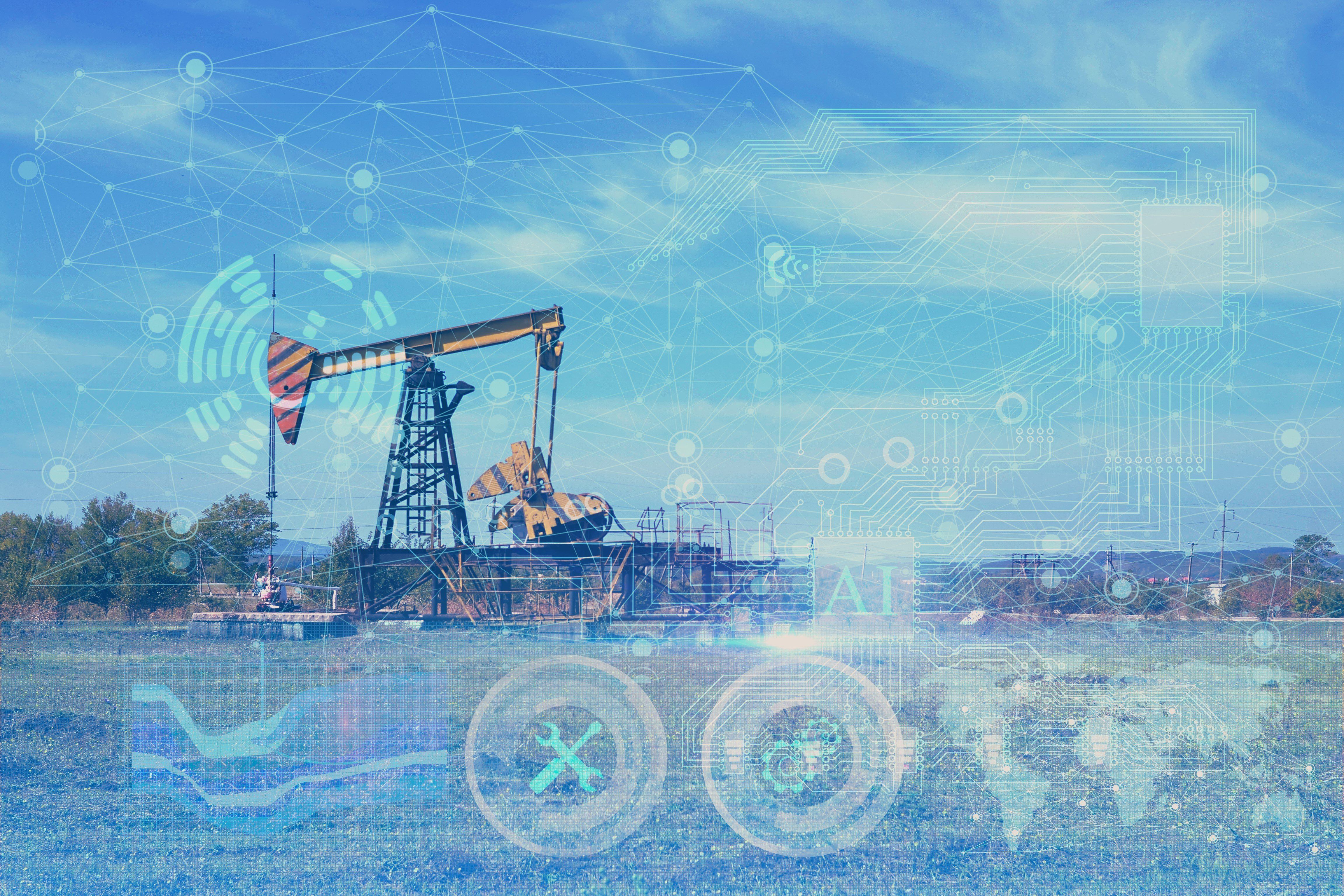 Data points and digital assets overlay on pumping jack in oilfield