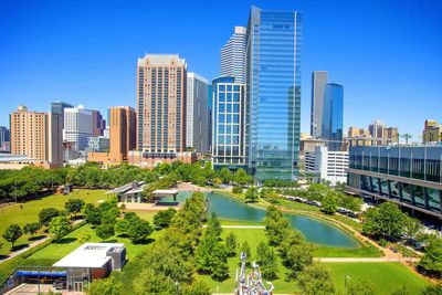 View of Houston taken across a park from the courthouse